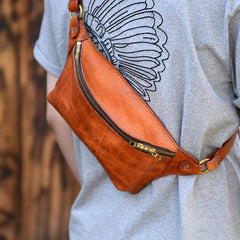 Cool Light Brown Leather Men Chest Bag Waist Bag Tan Fanny Pack Hip Bag Bum Pack For Men