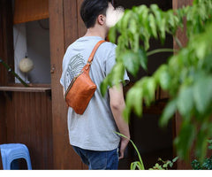 Cool Light Brown Leather Men Chest Bag Waist Bag Tan Fanny Pack Hip Bag Bum Pack For Men