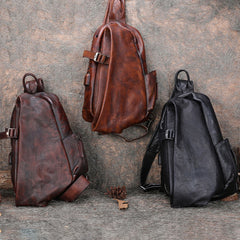 Cool Men's Leather Sling Bag Sling Pack Black Gray Leather Sling Backpacks For Men