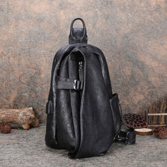 Cool Men's Leather Sling Bag Sling Pack Black Gray Leather Sling Backpacks For Men