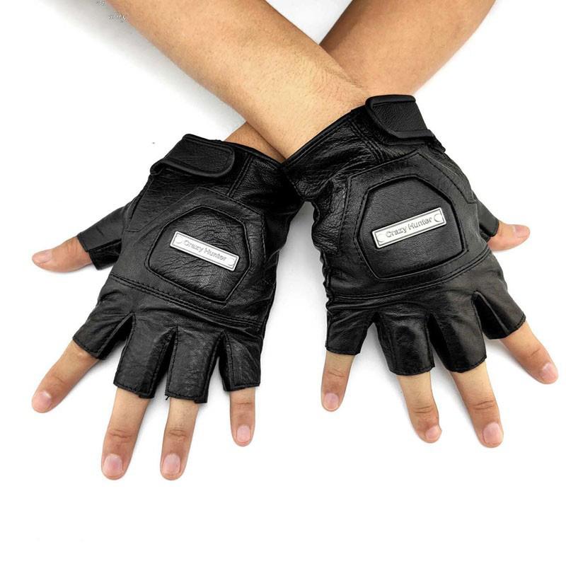 Mens Black Leather Half-Finger Sports Gloves Rock Gloves Cool Black Motorcycle Gloves Biker Gloves For Men