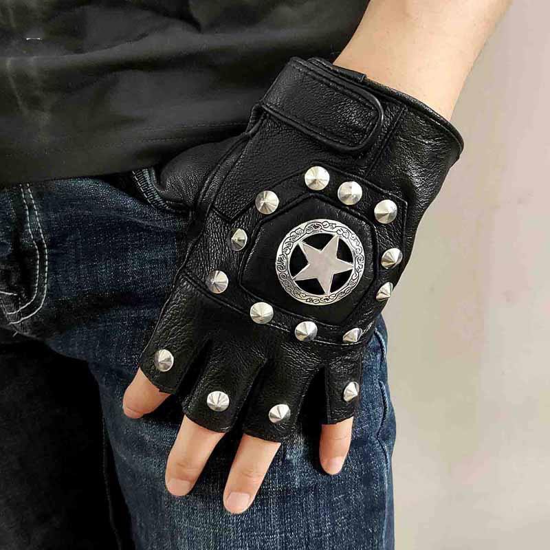Cool Mens Black Star Leather Half-Finger Rock Gloves Motorcycle Gloves