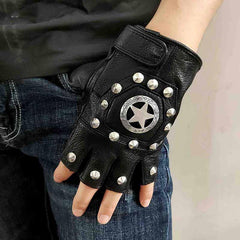 Cool Mens Black Star Leather Half-Finger Rock Gloves Motorcycle Gloves Black Biker Gloves For Men