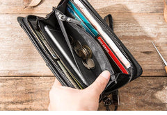Cool Black Leather Mens Long Wallet Zipper Clutch Wallet Long Wallet Phone Bag Wristlet Wallet for Men