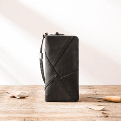 Cool Black Leather Mens Long Wallet Zipper Clutch Wallet Long Wallet Phone Bag Wristlet Wallet for Men