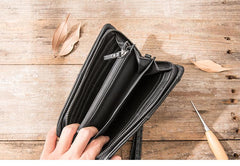 Cool Black Leather Mens Long Wallet Zipper Clutch Wallet Long Wallet Phone Bag Wristlet Wallet for Men