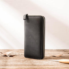 Cool Black Leather Mens Zipper Clutch Wallet Long Wallet Black Cell Phone Long Wallet for Men