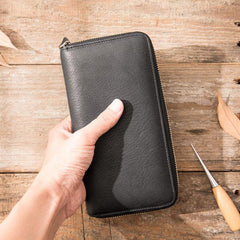 Cool Black Leather Mens Zipper Clutch Wallet Long Wallet for Men
