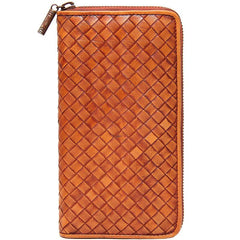 Handmade Braided Leather Mens Long Wallet Brown Zipper Long Wallet for Men