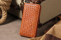 Handmade Braided Leather Mens Long Wallet Brown Zipper Long Wallet for Men