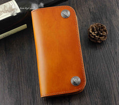 Cool Brown Leather Men's Biker Long Wallet Bifold Long Wallet For Men