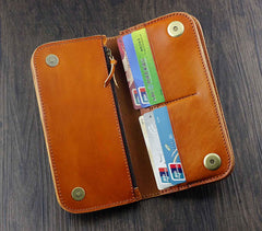 Cool Brown Leather Men's Biker Long Wallet Bifold Long Wallet For Men