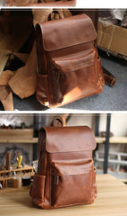 Cool Brown Leather Mens Travel Backpack Work 14'' School Backpack Work Backpack For Men