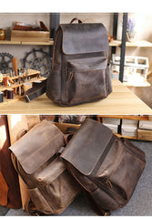 Cool Brown Leather Mens Travel Backpack Work 14'' School Backpack Work Backpack For Men