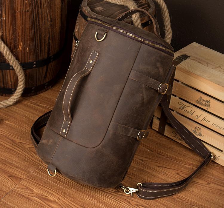 cool mens leather duffel bag backpack Cool Brown Mens Leather 14 inches Barrel Weekender Bag Bucket Travel Backpack for Men