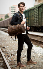 Cool Brown Mens Leather 14 inches Barrel Weekender Bag Bucket Travel Backpack for Men