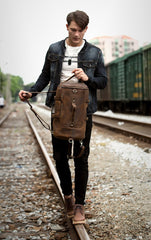 Cool Brown Mens Leather 14 inches Barrel Weekender Bag Bucket Travel Backpack for Men