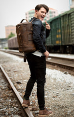 Cool Brown Mens Leather 14 inches Barrel Weekender Bag Bucket Travel Backpack for Men