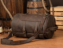 Cool Brown Mens Leather 14 inches Barrel Weekender Bag Bucket Travel Backpack for Men