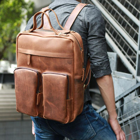 Brown Leather Laptop Backpack Men. Travel Rucksack Handmade 