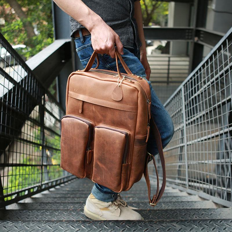 Cool Brown Mens Leather Backpack Travel Backpacks Laptop Backpack for men