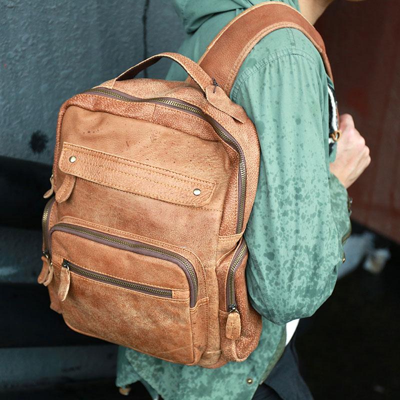 Cool Brown Mens Leather Backpack Travel Backpacks Cool School Backpacks for men