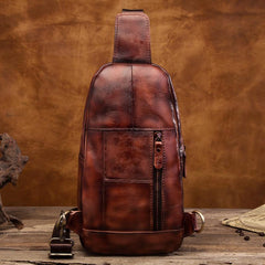 Cool Brown Mens Leather One Shoulder Backpack Chest Bag Sling Bags For Men