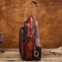 Cool Brown Mens Leather One Shoulder Backpack Chest Bag Sling Bags For Men
