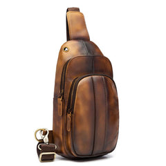 Cool Brown Mens Leather One Shoulder Backpack Chest Bag Sling Bags For Men