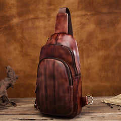 Cool Brown Mens Leather One Shoulder Backpack Chest Bag Sling Bags For Men