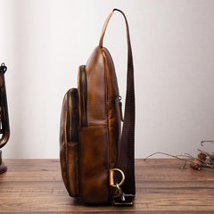 Cool Brown Mens Leather One Shoulder Backpack Chest Bag Sling Bags For Men