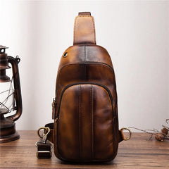 Cool Brown Mens Leather One Shoulder Backpack Chest Bag Sling Bags For Men