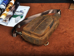 Cool Brown Mens Leather One Shoulder Backpack Chest Bag Sling Bags For Men