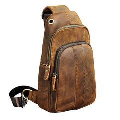 Cool Brown Mens Leather One Shoulder Backpack Chest Bag Sling Bags For Men