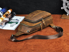 Cool Brown Mens Leather One Shoulder Backpack Chest Bag Sling Bags For Men