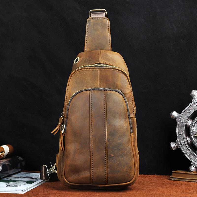 Cool Brown Mens Leather One Shoulder Backpack Chest Bag Sling Bags For Men
