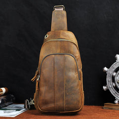 Cool Brown Mens Leather One Shoulder Backpack Chest Bag Sling Bags For Men