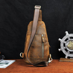 Cool Brown Mens Leather One Shoulder Backpack Chest Bag Sling Bags For Men