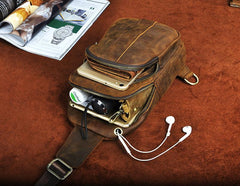 Cool Brown Mens Leather One Shoulder Backpack Chest Bag Sling Bags For Men