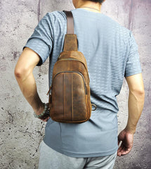 Cool Brown Mens Leather One Shoulder Backpack Chest Bag Sling Bags For Men