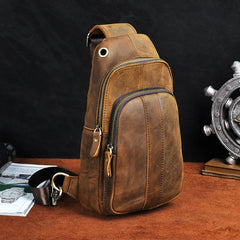 Cool Brown Mens Leather One Shoulder Backpack Chest Bag Sling Bags For Men