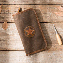 Cool Canvas Leather Mens Bifold Long Wallet Zipper Long Wallet for Men