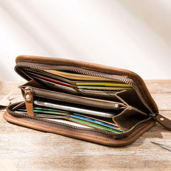 Cool Canvas Leather Mens Bifold Long Wallet Zipper Long Wallet for Men