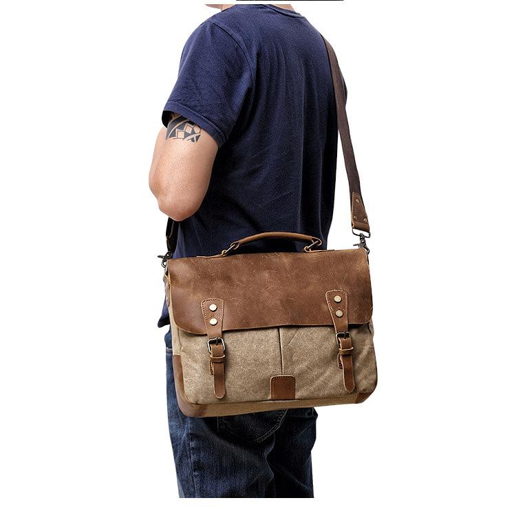 Waxed Canvas Leather Mens Casual Briefcase Computer Bag 14 Messenger