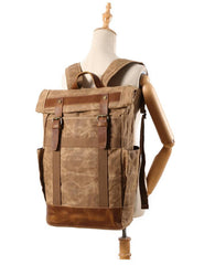 Waxed Canvas Leather Mens Waterproof Black Travel Backpack 15'' Green Computer Hiking Backpack for Men