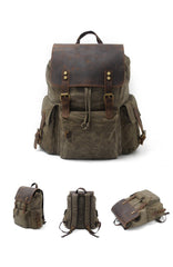 Cool Canvas Leather Mens 15'' Black Computer Backpack Green Hiking Backpack Travel Backpack for Men
