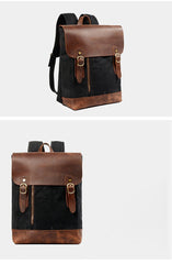 Waxed Canvas Leather Mens 14'' Waterproof Black School Backpack Green Travel Backpack for Men
