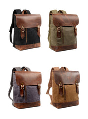 Waxed Canvas Leather Mens 14'' Waterproof Black School Backpack Green Travel Backpack for Men