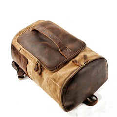 Cool Waxed Canvas Black Leather Mens 15.6‘’ Barrel Green Backpack Travel Backpack Hiking Backpack for Men