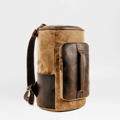 Cool Waxed Canvas Black Leather Mens 15.6‘’ Barrel Green Backpack Travel Backpack Hiking Backpack for Men